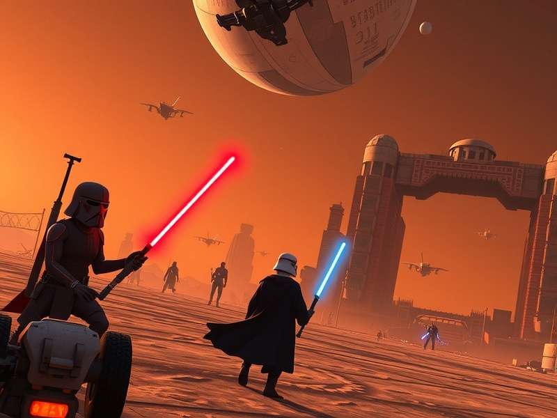 Teaser image of an upcoming open-world Star Wars game showing a character overlooking a vast alien landscape