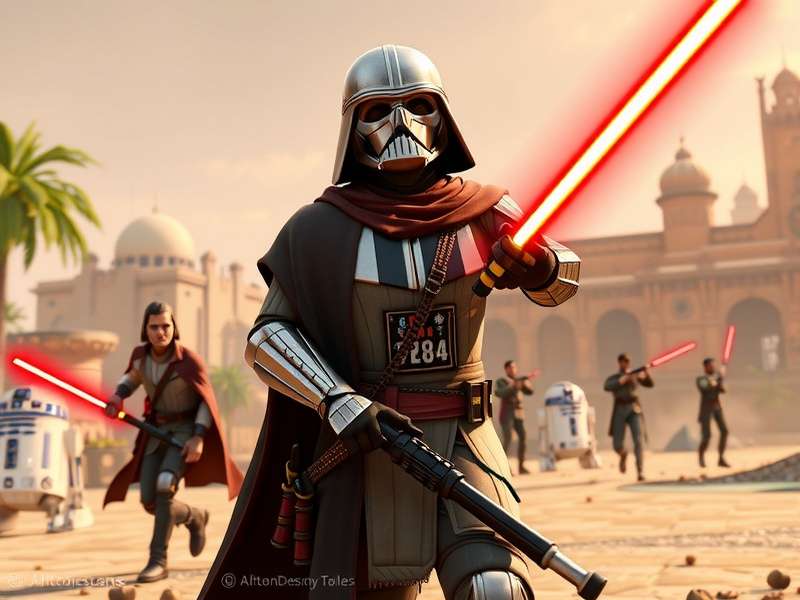 A person wearing a VR headset experiencing a Star Wars lightsaber battle simulation