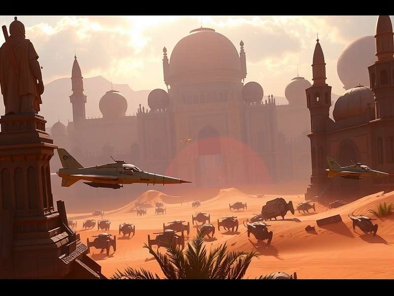 Concept art of an open-world Star Wars planet with a character overlooking a vast alien landscape with a starship in the sky.