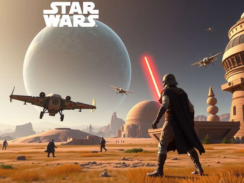 Concept art of an upcoming Star Wars game showing a lightsaber and distant planets
