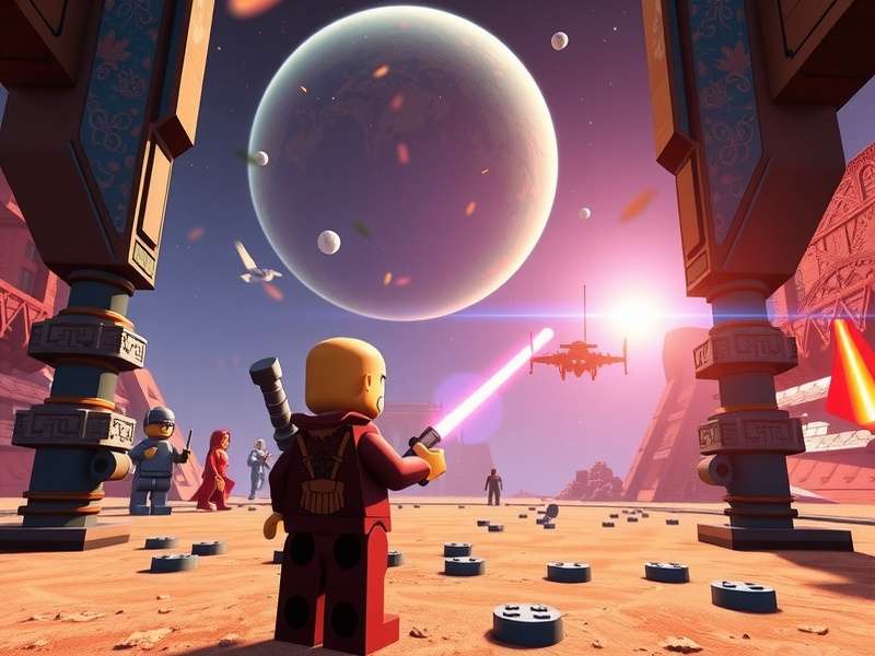 Lego Star Wars open world gameplay showing multiple planets and characters