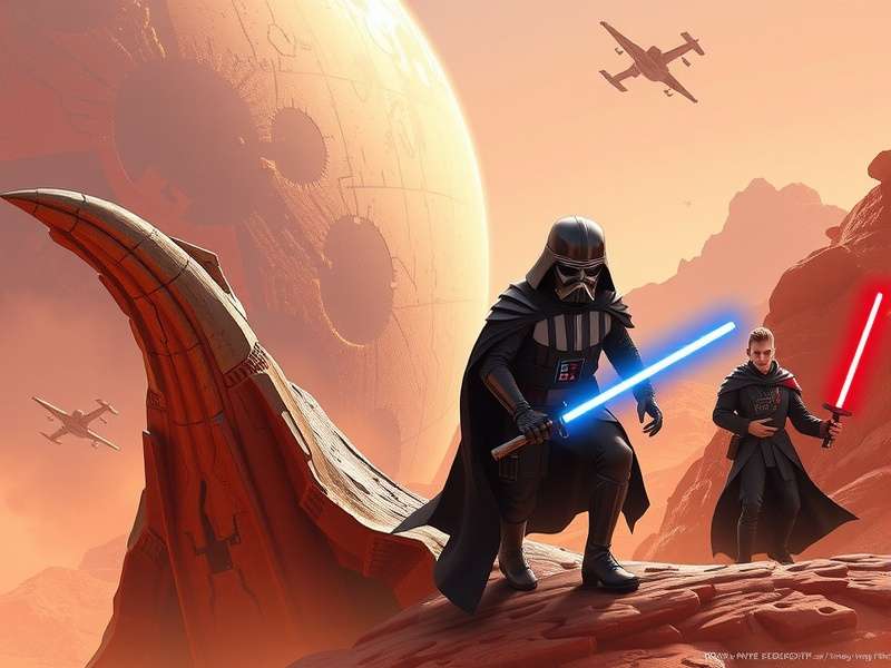 Concept art of a futuristic Star Wars cityscape with speeders and neon lights, hinting at 2025 game visuals