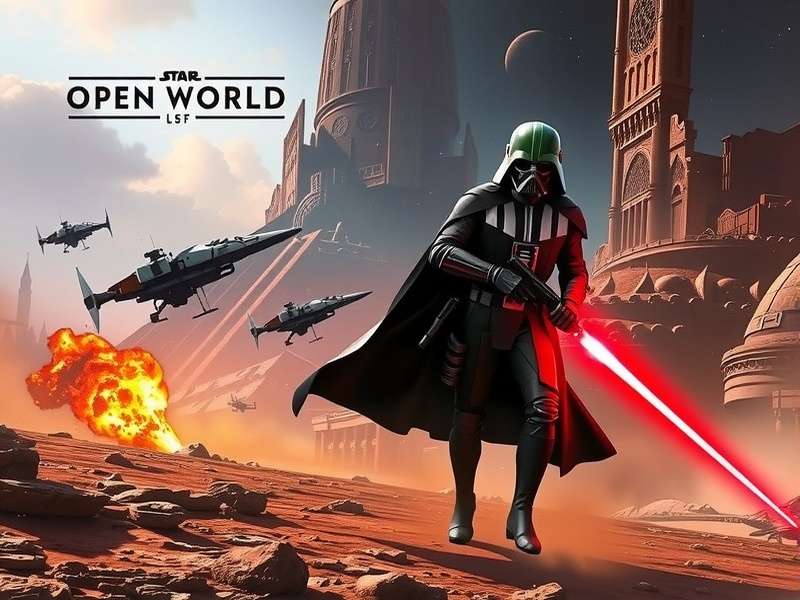 Open world Star Wars game concept art showing a vast alien landscape with a distant starship