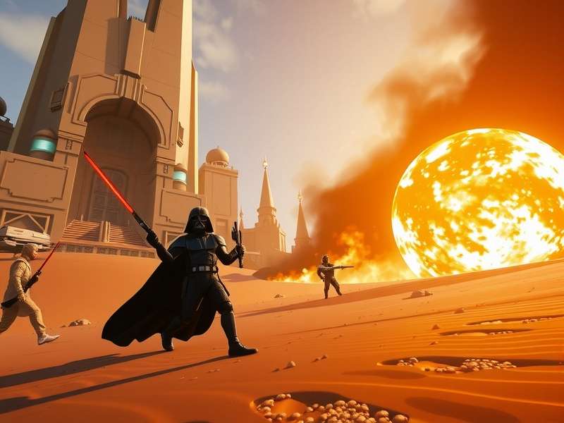 Concept art of an open world Star Wars planet with a binary sunset