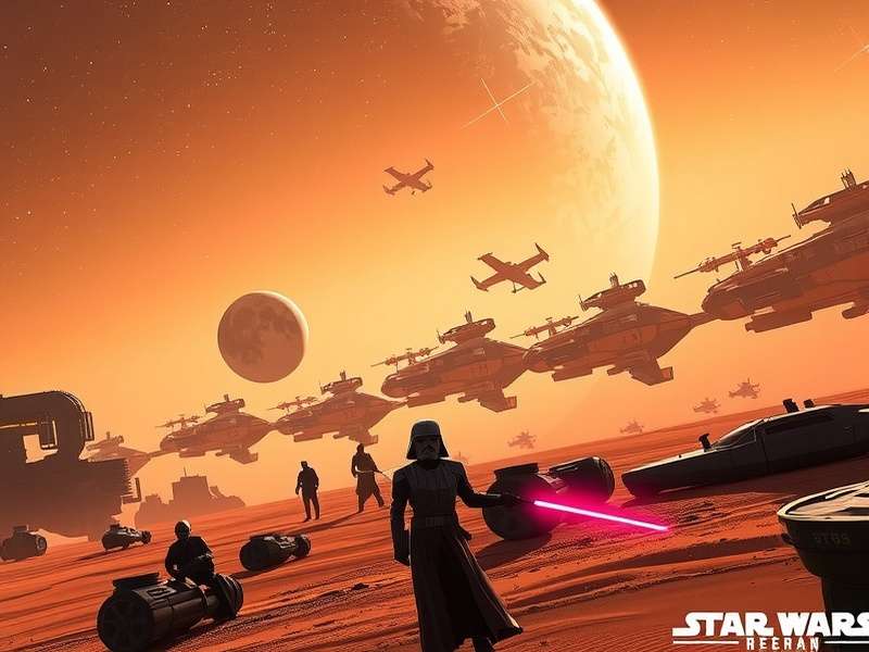 Concept art of a new Star Wars game landscape with a Jedi looking over a futuristic city