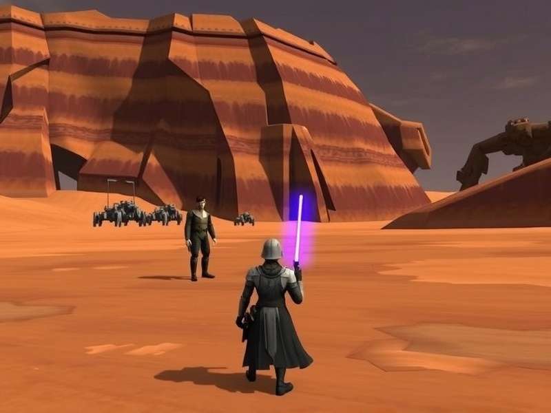 Star Wars Jedi holding lightsaber in dramatic landscape