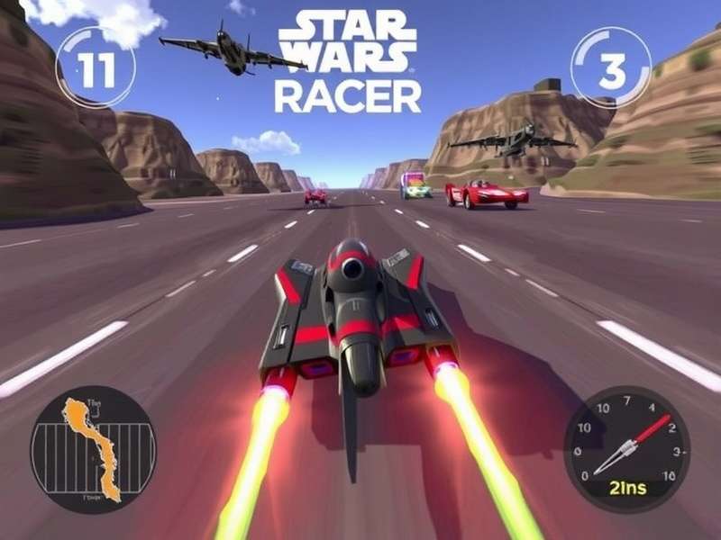 Anakin Skywalker's Podracer speeding through the Mos Espa Grand Arena