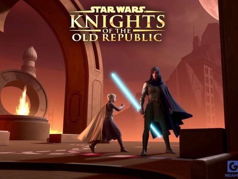 Concept art for the Knights of the Old Republic Remake showing a mysterious Jedi overlooking a rebuilt Taris cityscape