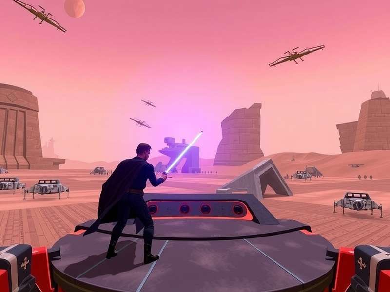 Star Wars gaming collage featuring lightsabers, starships, and characters