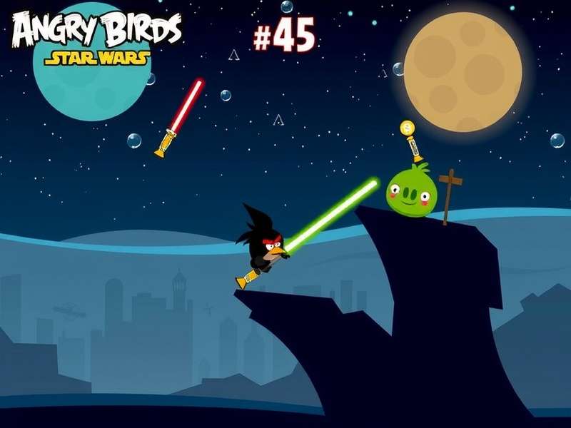 Angry Birds Star Wars 2 Gameplay showing Jedi Bird Luke Skywalker confronting a Pig Darth Vader