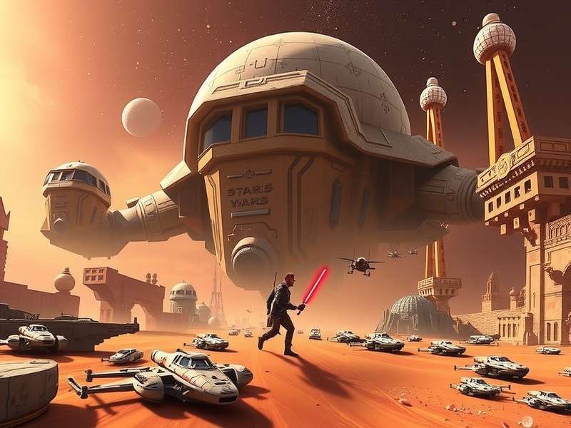 Concept art of an open-world Star Wars planet with a character overlooking a vast alien landscape with starships in the sky