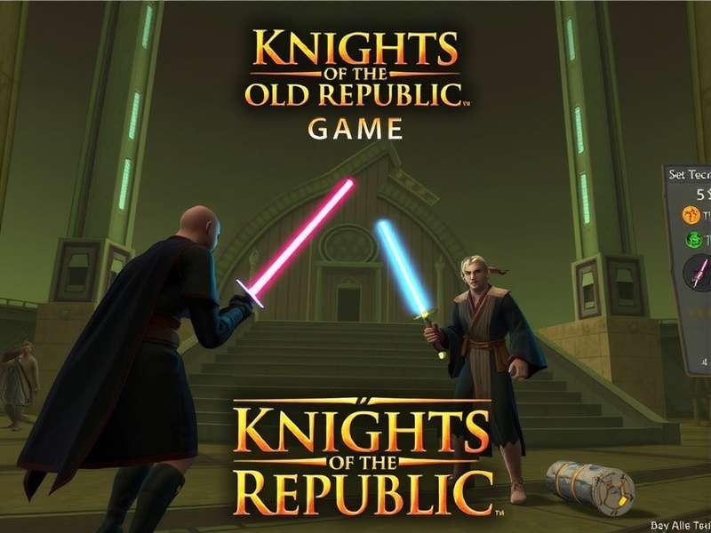 KOTOR Gameplay screenshot showing a lightsaber duel on Tatooine