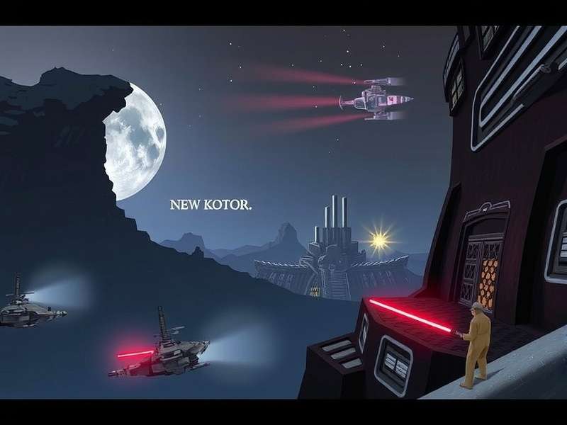Concept art of a new planet in New Kotor showing ancient ruins and a binary sunset