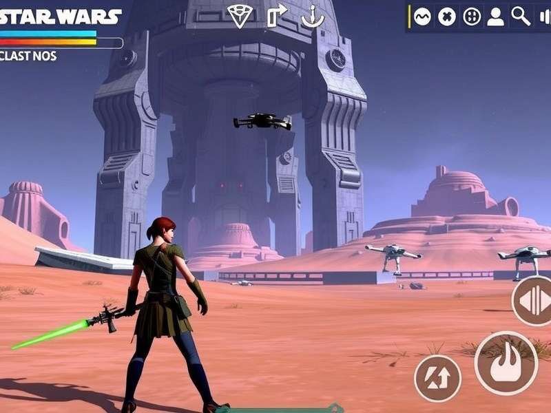 Concept art of a Star Wars open-world planet with speeders and alien landscapes