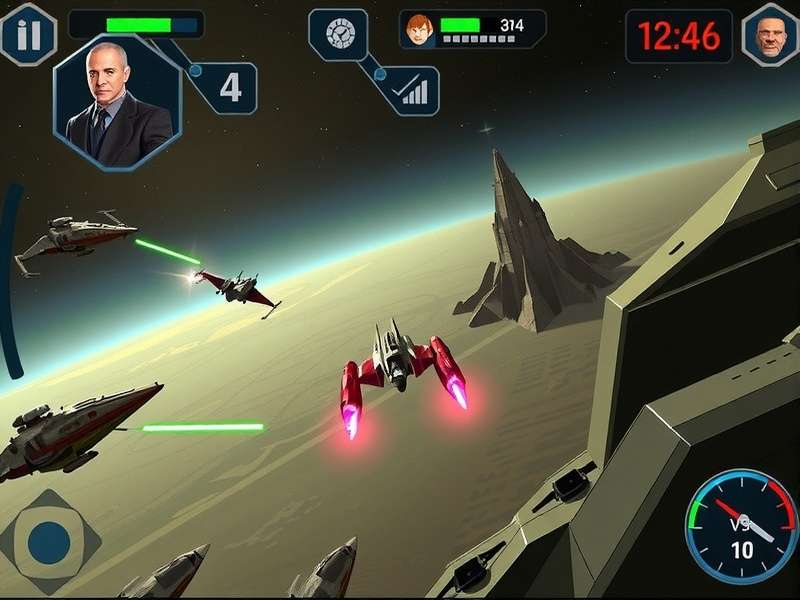 Star Wars gaming scene with lightsabers and starfighters