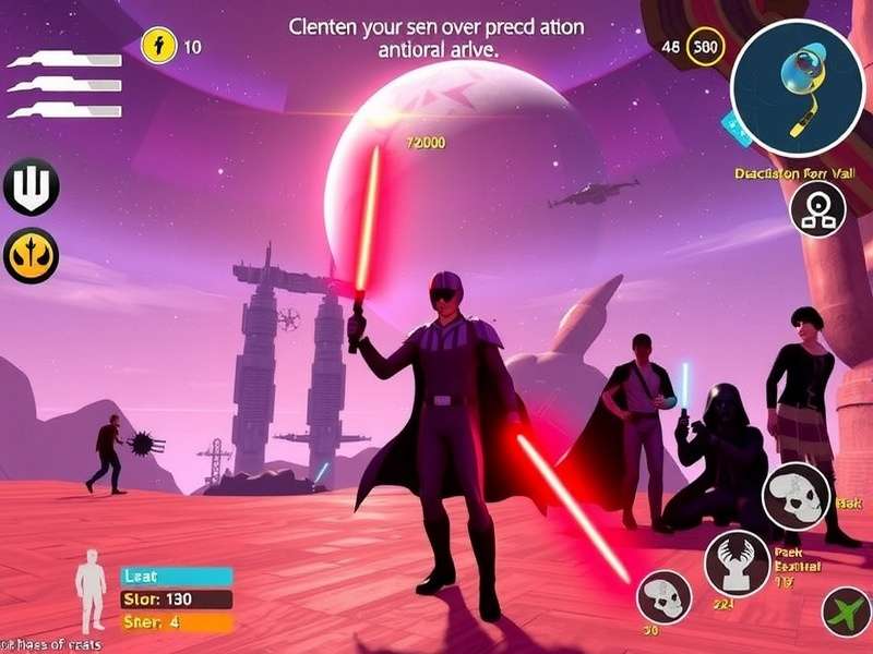 Player wearing VR headset holding lightsaber controllers in a dark room
