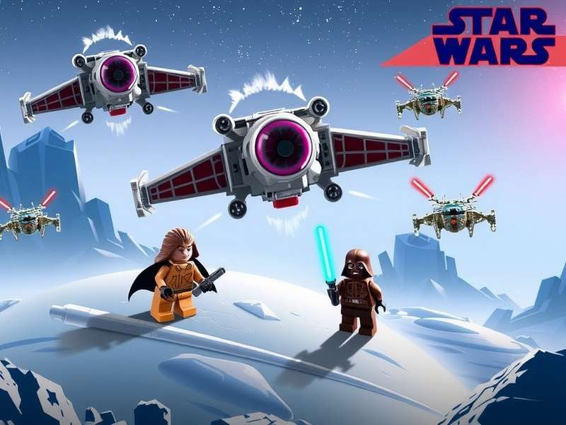 Lego Star Wars characters in an epic battle scene with lightsabers and blasters