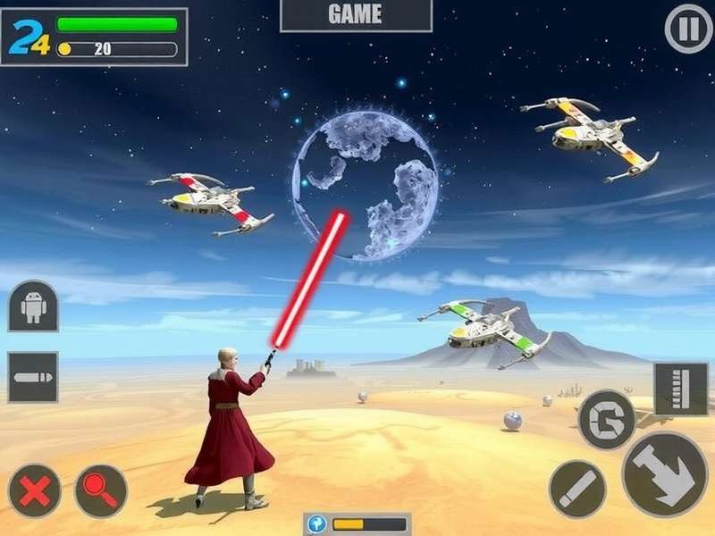 Star Wars gaming setup with lightsaber controller and galactic backdrop