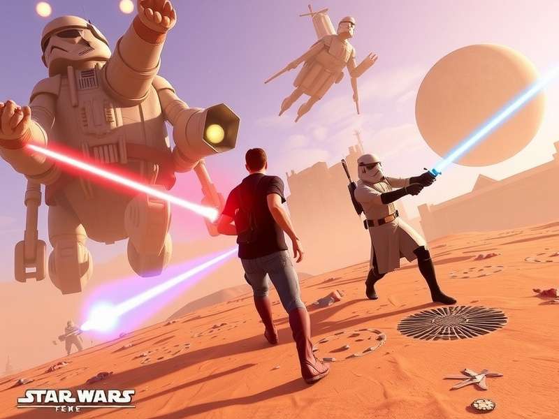 Star Wars Game Trailer – Epic cinematic shot featuring a Jedi facing a TIE fighter silhouette under twin suns