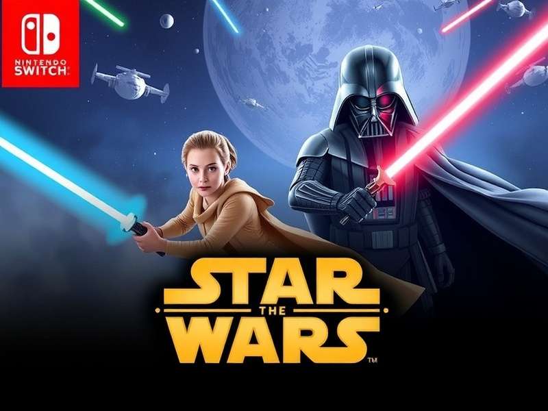 Star Wars themed showcase with Nintendo Switch console and lightsabers